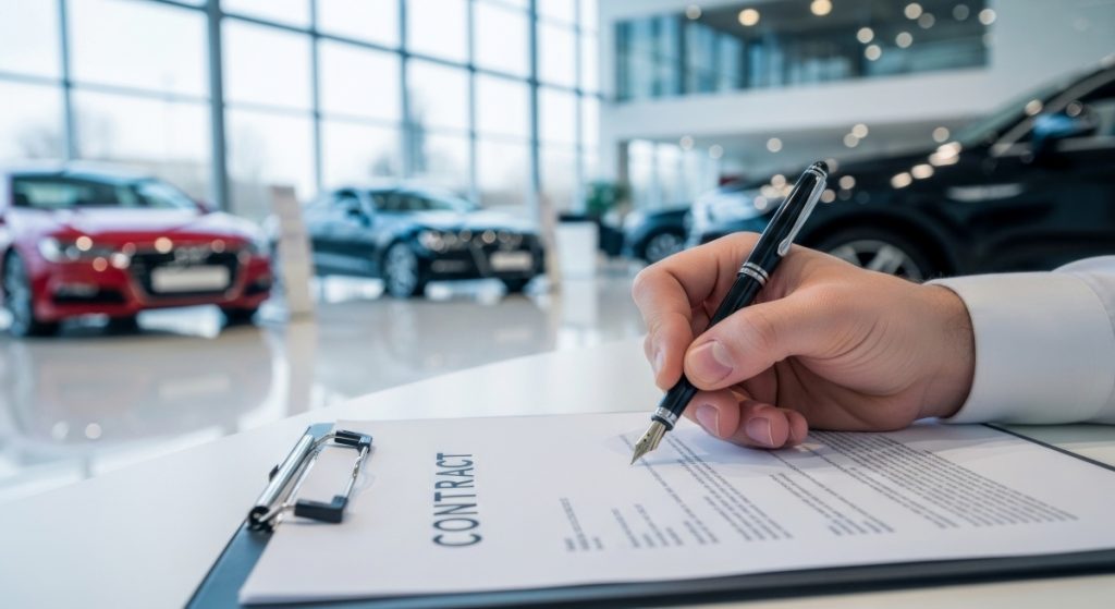 a person signing paperwork for buying a new car